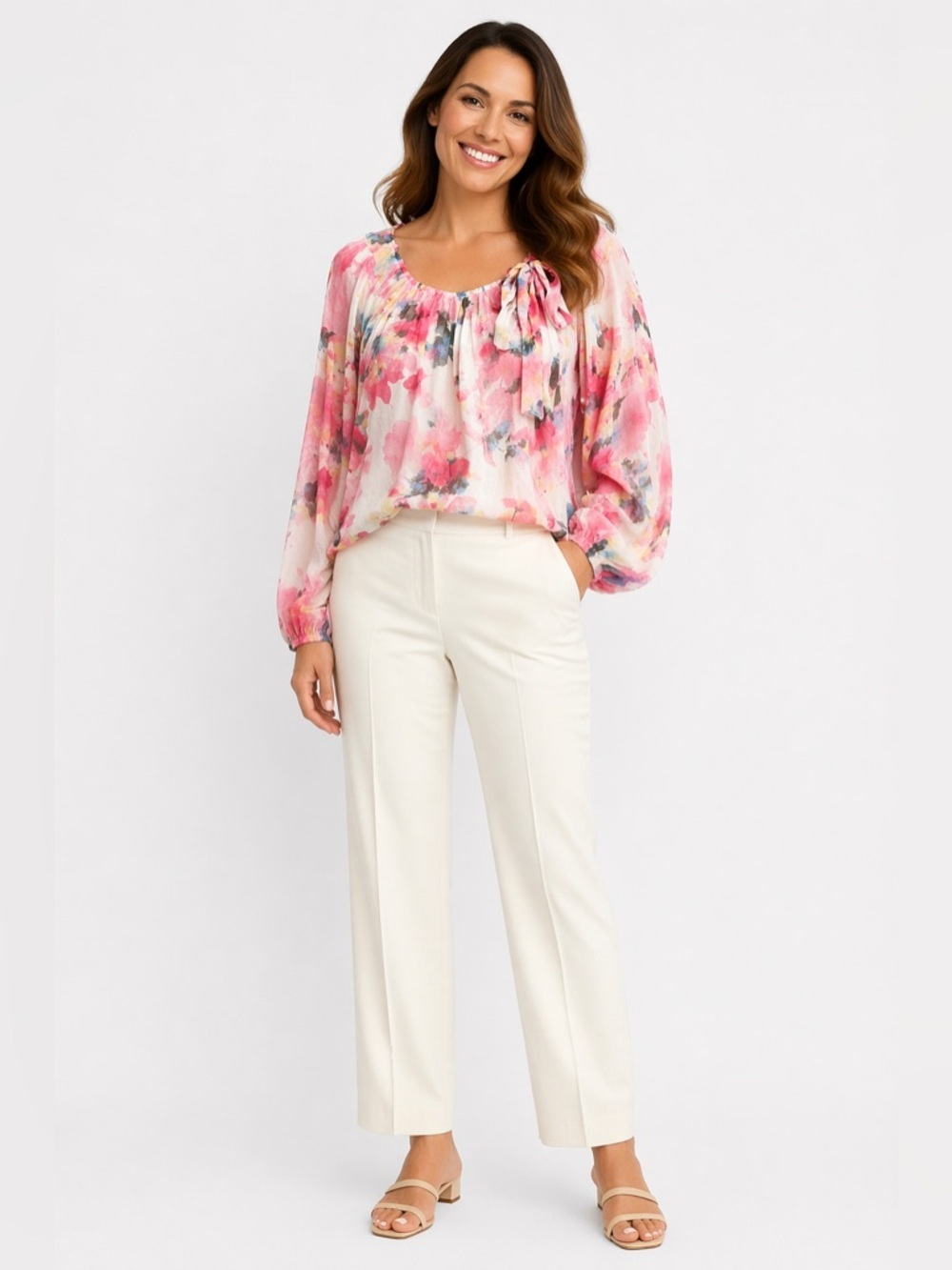 Floral Pink & Cream Blouse 100% Silk Lined Long Sleeve Round Neckline Size S